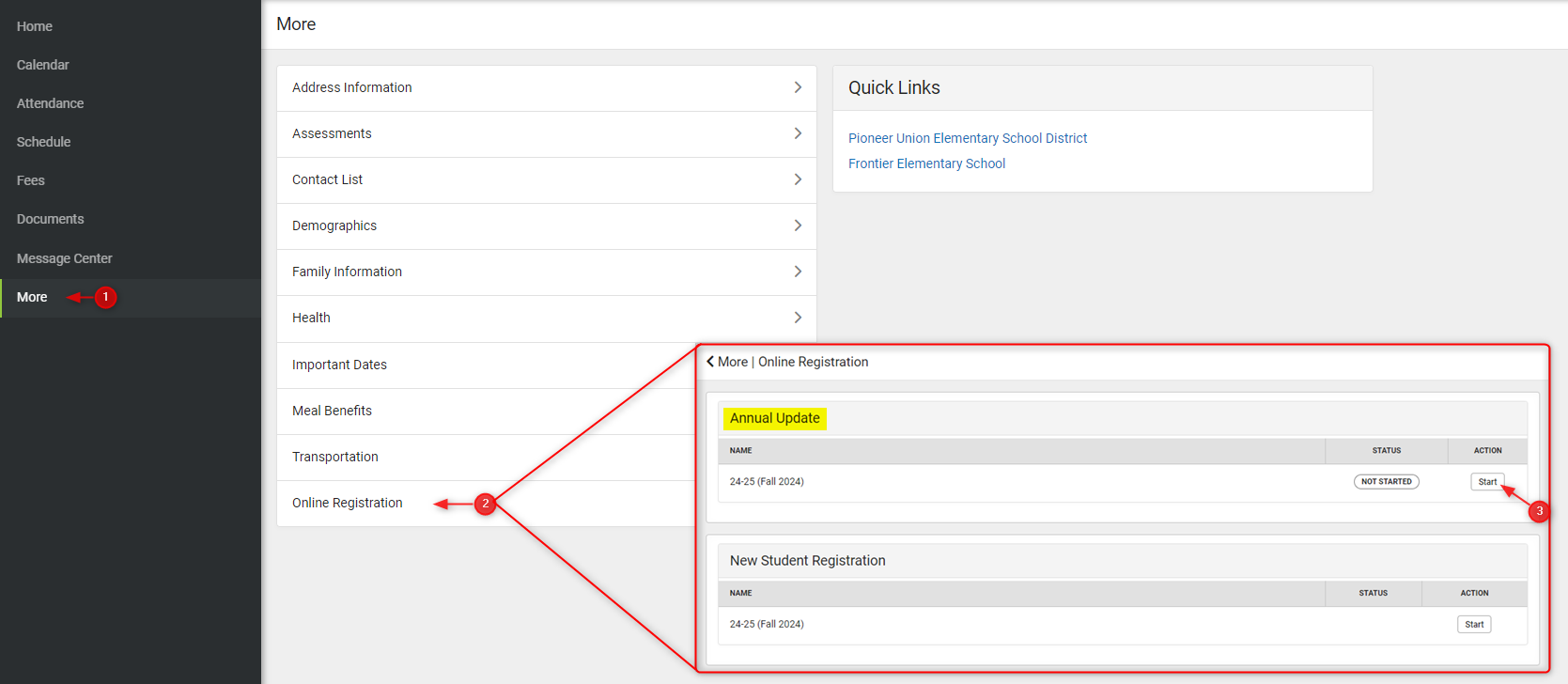 Screenshot of Annual Update location in Parent Portal