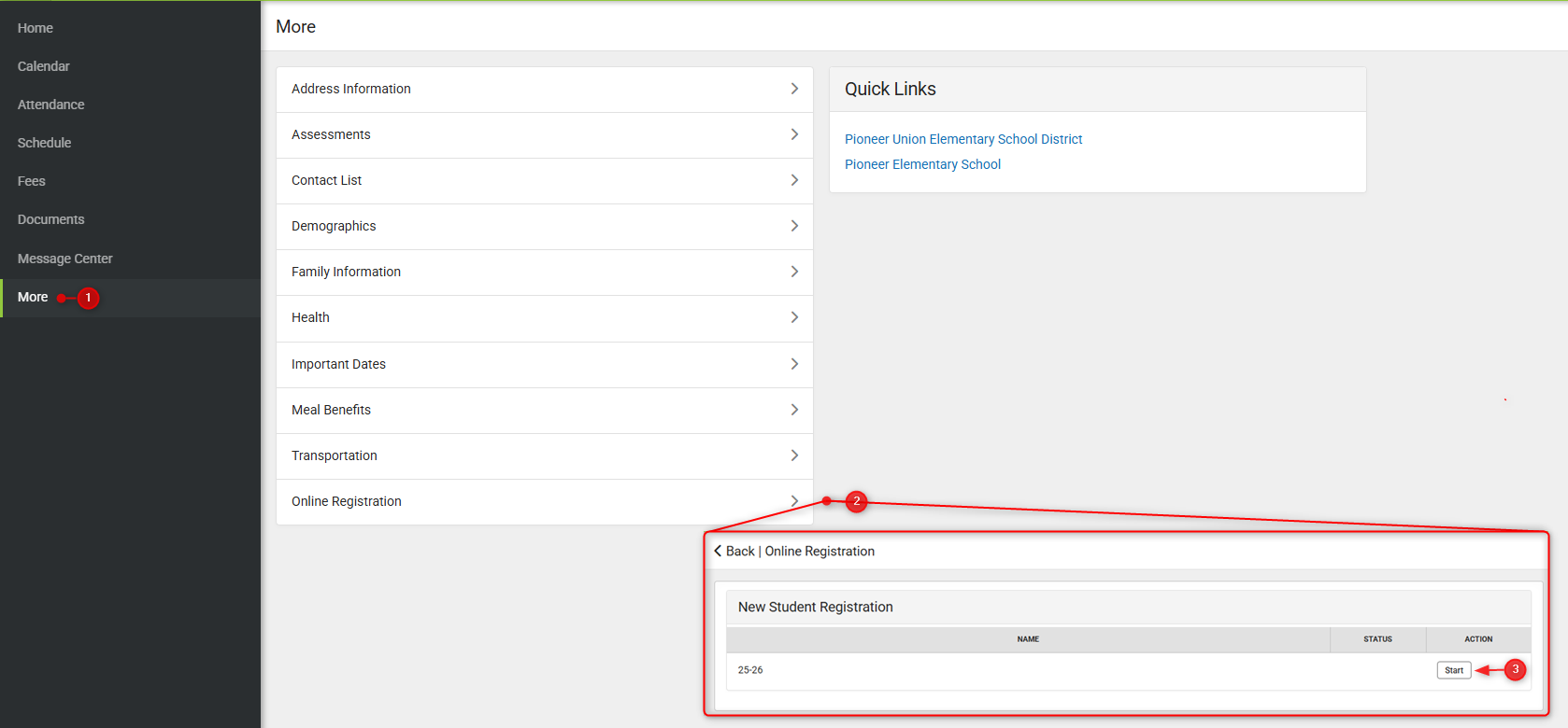 Screenshot illustrating steps to access Online Registration.