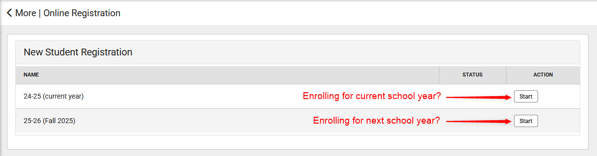 Screenshot of New Registration location in Parent Portal