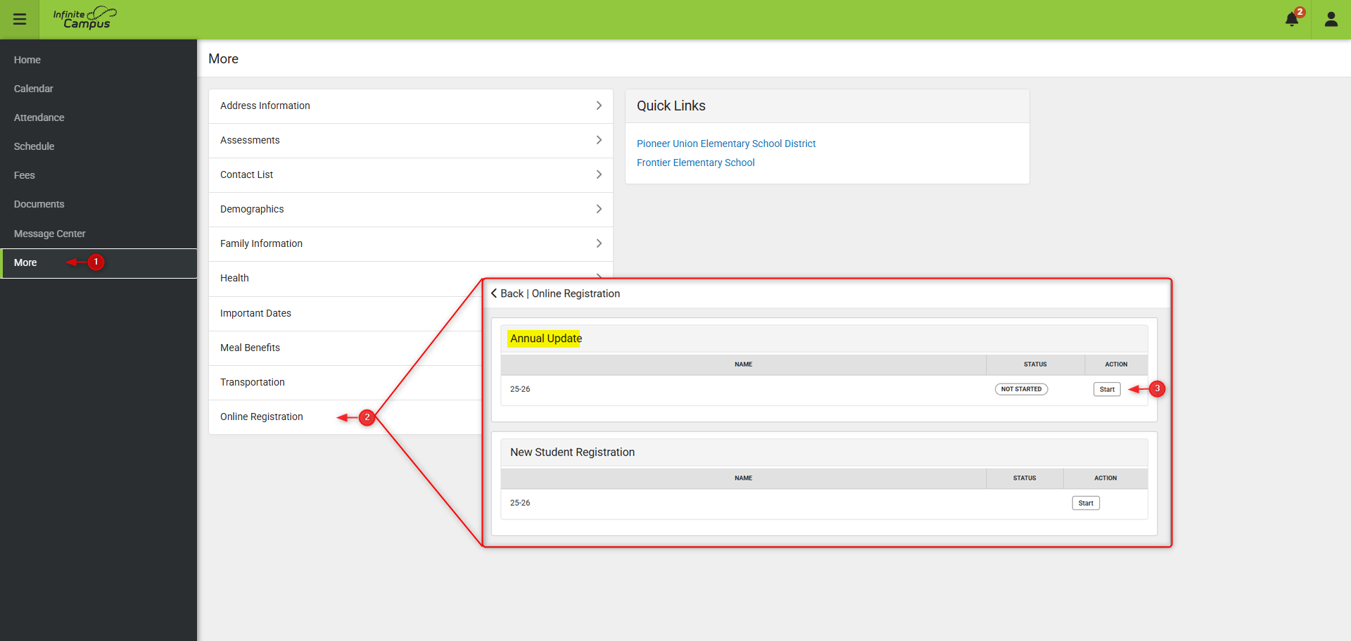 Screenshot of Annual Update location in Parent Portal