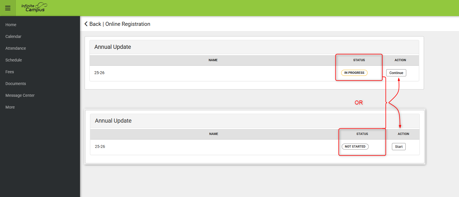 screenshot of Parent Portal