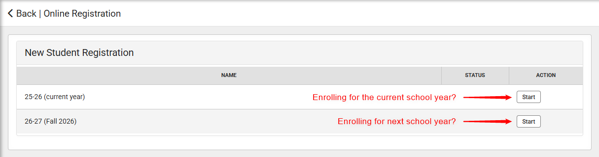 Screenshot of New Registration location in Parent Portal