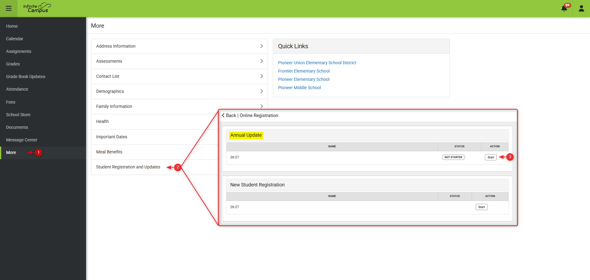 Screenshot of Annual Update location in Parent Portal